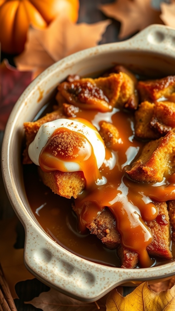 Pumpkin Bread Pudding with Caramel Sauce Recipe Pumpkin bread pudding topped with caramel sauce in a rustic dish, surrounded by autumn leaves.